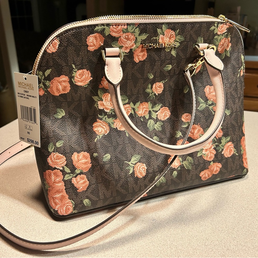 Authentic rare new Michael Kors Cindy Brown multi Lg dome with roses